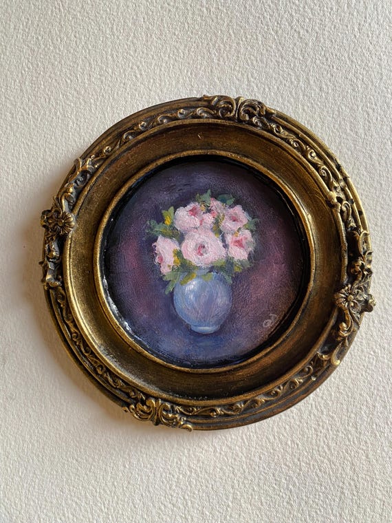 Round Vintage original oil painting Framed Peonies Still Life Floral Painting Antique Style