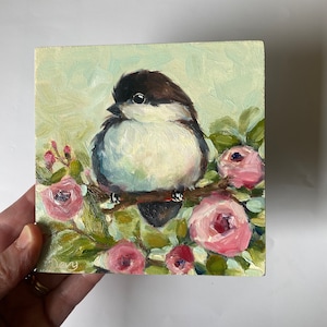 Original Chickadee Oil painting/5.2x5.2”/Bird Art/ Cute bird Oil Painting