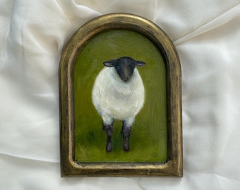 Arched Framed Vintage Style Original oil painting Sheep Small Painting