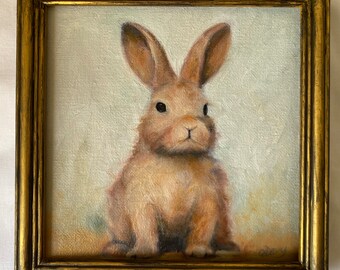 Square vintage framed bunny portrait,original handmade rabbit painting,bunny oil painting,original painting wall gallery,bunny art