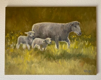 Peinture à l'huile originale de mouton, mouton peint à la main, peinture de mouton de maison