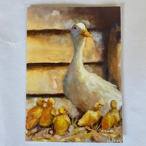 Carte de voeux vierge / Mère caneton avec canetons / Carte de voeux peinture printanière