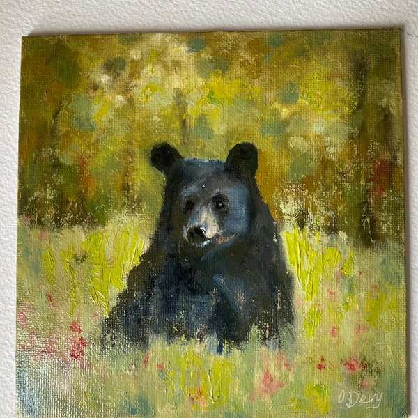 Bear oil painting,Original oil painting on canvas board 6x6,Bear Artwork,Nursery decor,Bear in woods