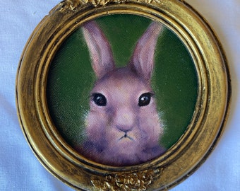 portrait de lapin encadré rond vintage, peinture originale de lapin faite main, peinture de lapin, galerie murale de peinture à l'huile originale, art de lapin