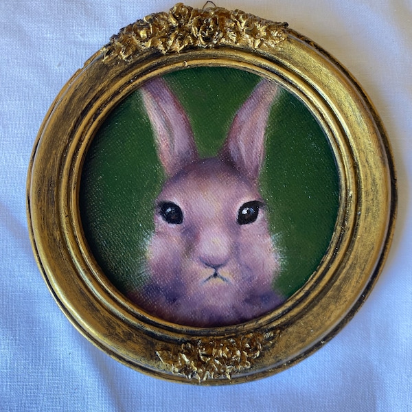 Vintage round framed bunny portrait,original handmade rabbit painting,bunny painting,original oil painting wall gallery,bunny art