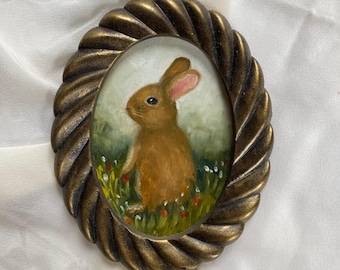 Original Rabbit Oil Painting in Vintage Oval Frame – Bright Eyes Miniature Art
