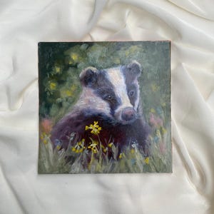 Peinture de blaireau peinture à l&#39;huile originale de blaireau 6 x 6 art mural animal peint à la main peinture à l&#39;huile carrée