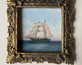 Original 6x6 oil painting of a Boat Handpainted Seascape Ship painting in Vintage Frame Antique Style