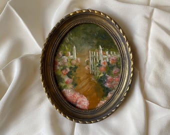 Original Garden Scene Oil Painting Vintage Oval Frame Antique French Landscape Unique Framed Art