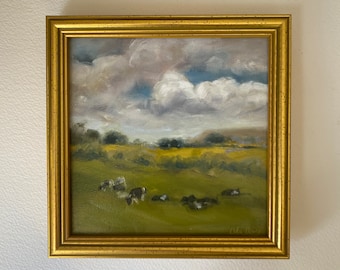 Original landscape oil painting 6x6 on wooden square panel , cows in field with clouds in sky