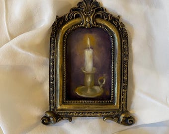 Vintage framed Oil Candle Painting: Moody Academia Wall Art