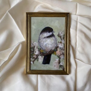 Original chickadee oil painting framed 4x6/cute  bird painting /gift for gardeners