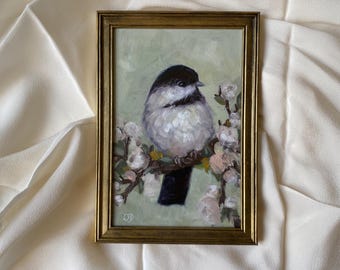 Framed Chickadee Oil Painting, Vintage Gold Frame (4x6)