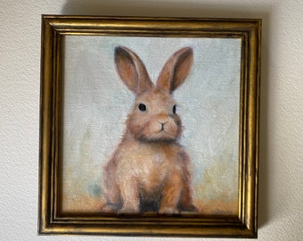 Square vintage framed bunny portrait,original handmade rabbit painting,bunny oil painting,original painting wall gallery,bunny art