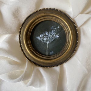 Original Botanical Painting, Round Vintage Frame, Dark Academia Wall Art (4 Inch) image 1