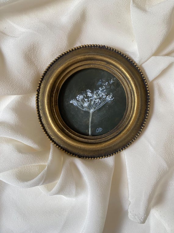 Original Botanical Painting, Round Vintage Frame, Dark Academia Wall Art (4 Inch)
