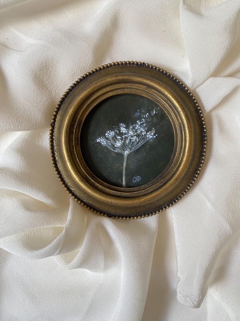 Original Botanical Painting, Round Vintage Frame, Dark Academia Wall Art (4 Inch) image 1