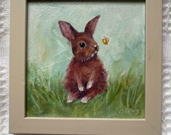 Original rabbit oil painting, Framed Spring Rabbit painting, animal art painting on wood,Nursery Decor
