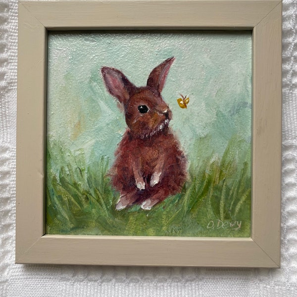 Original rabbit oil painting, Framed Spring Rabbit painting, animal art painting on wood,Nursery Decor