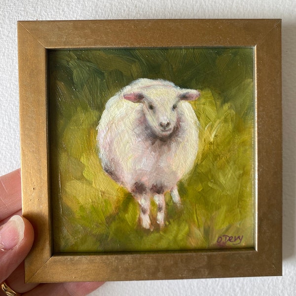 Original Schaf Gemälde gerahmt 10x10/Schaf Geschenk/Tierkunst/Gerahmte Schaf Kunst