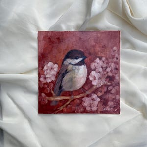 Original 6 x 6 peinture à l&#39;huile oiseau mésange / Art oiseau / peinture à l&#39;huile mésange carré
