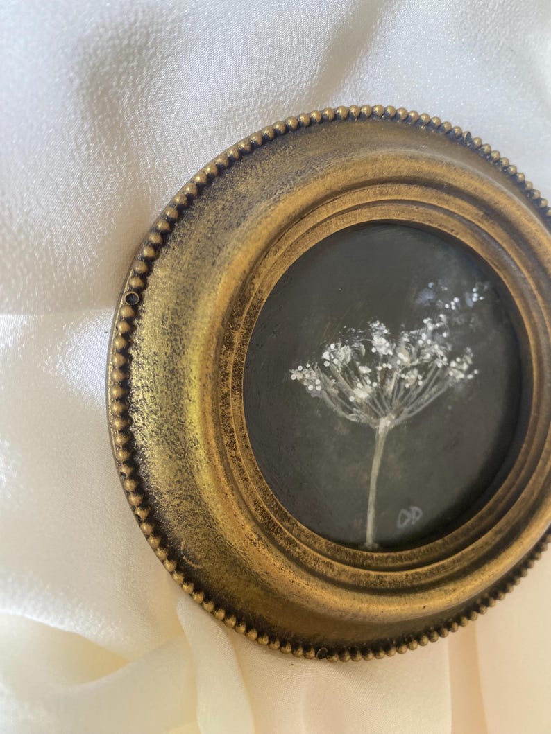 Original Botanical Painting, Round Vintage Frame, Dark Academia Wall Art (4 Inch) image 3