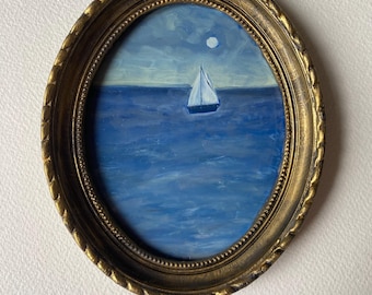 Original Oval Seascape oil painting in vintage oval frame Antique style boat at sea framed art