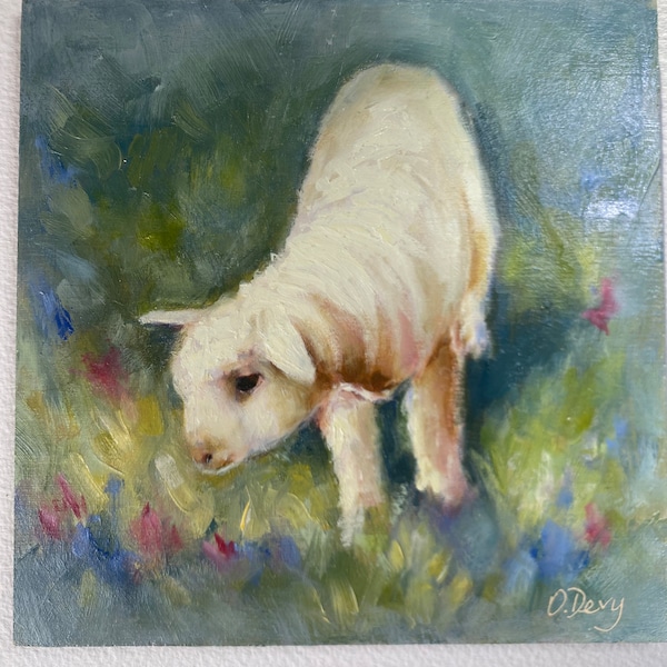 Oeuvre d'art/décoration murale animalière originale/Décoration de ferme/peinture à l'huile 6 x 6 po. Agneau du printemps irlandais par Orla Devy