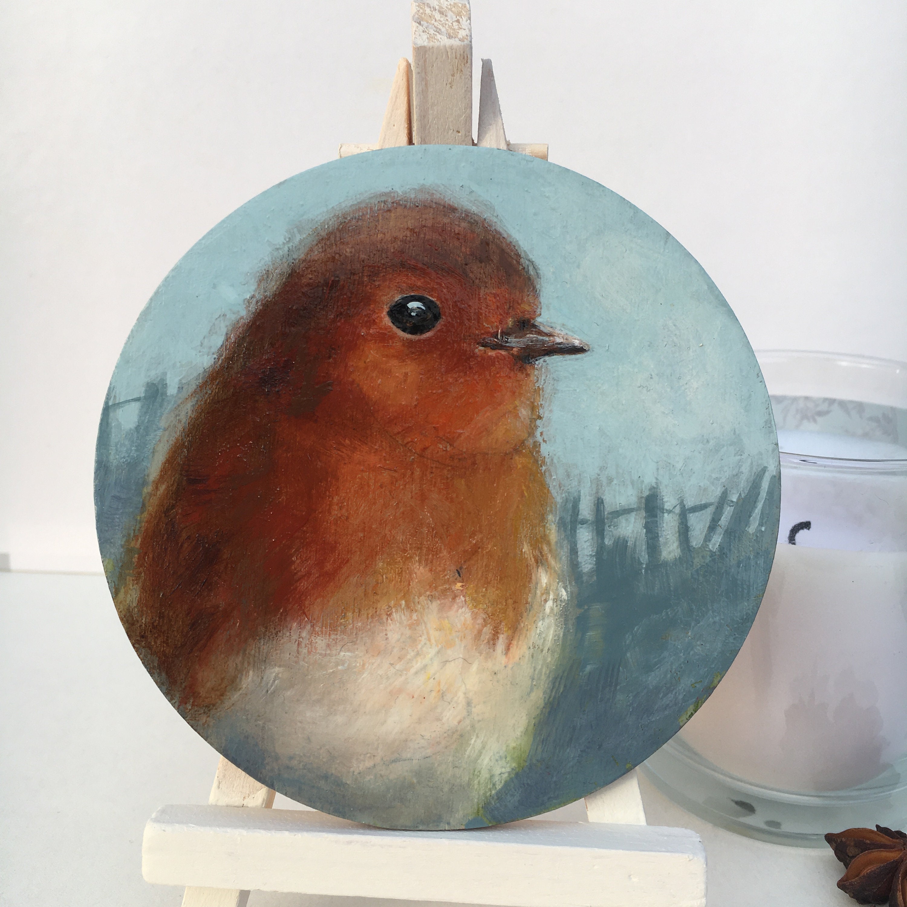 Robin Peint sur Un Morceau de Bois Rond 10cms/ Décoration Murale ou Porte/ Rouge-Gorge à La Main Pei