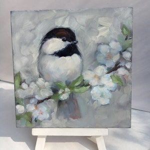 Bird original oil painting, chickadee wall art, handpainted bird, cute bird painting, miniature bird painting Grey painting