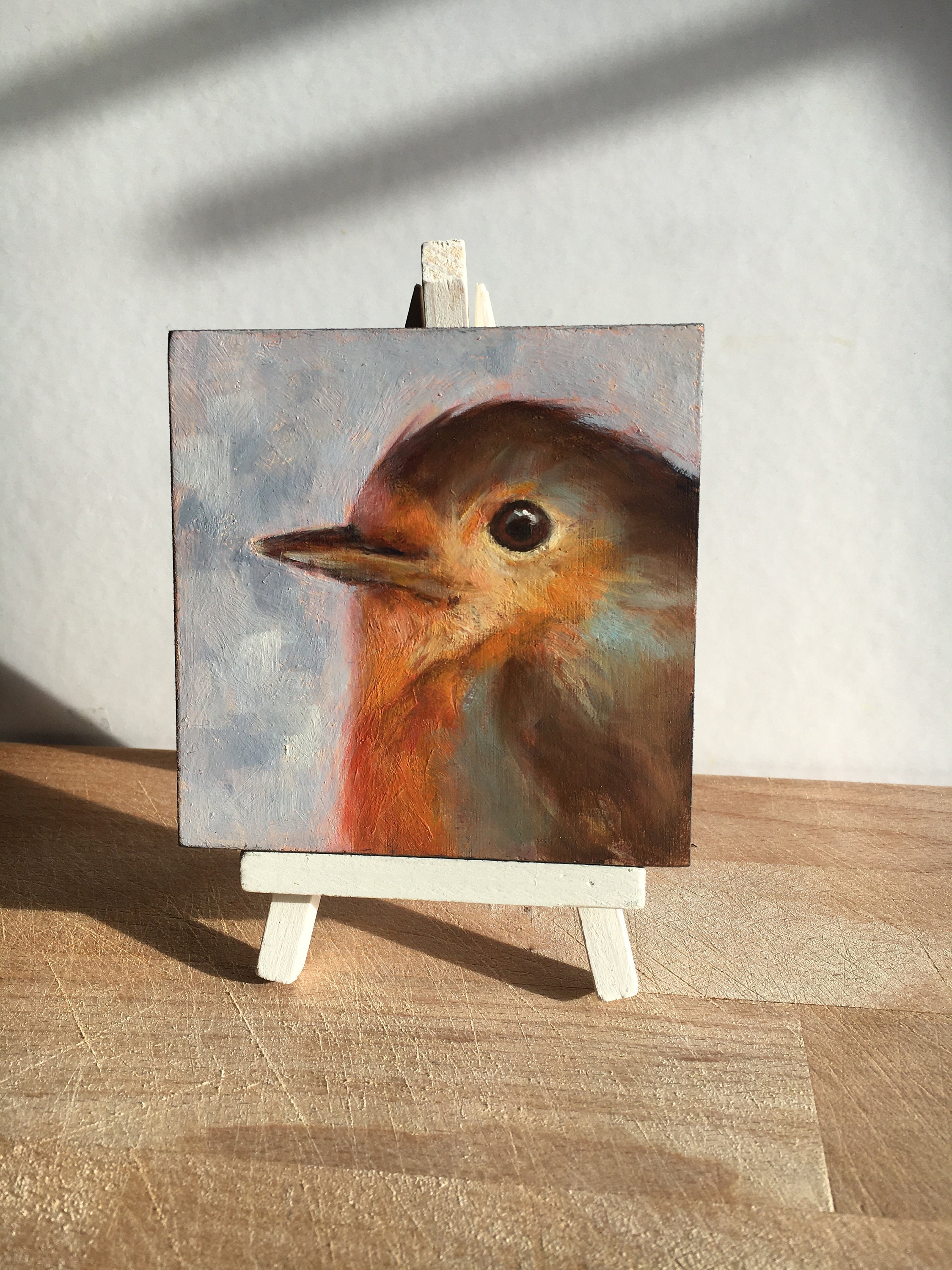 Robin Peinture à L'huile Originale sur Bois, 4, 8/4, 8 Peinture d'oiseau, Art Mural Robin, Miniature