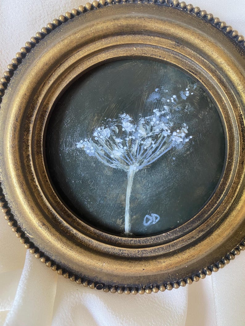 Original Botanical Painting, Round Vintage Frame, Dark Academia Wall Art (4 Inch) image 2