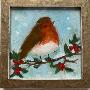 Robin original oil painting framed 4x4,Bird painting Small Robin Painting