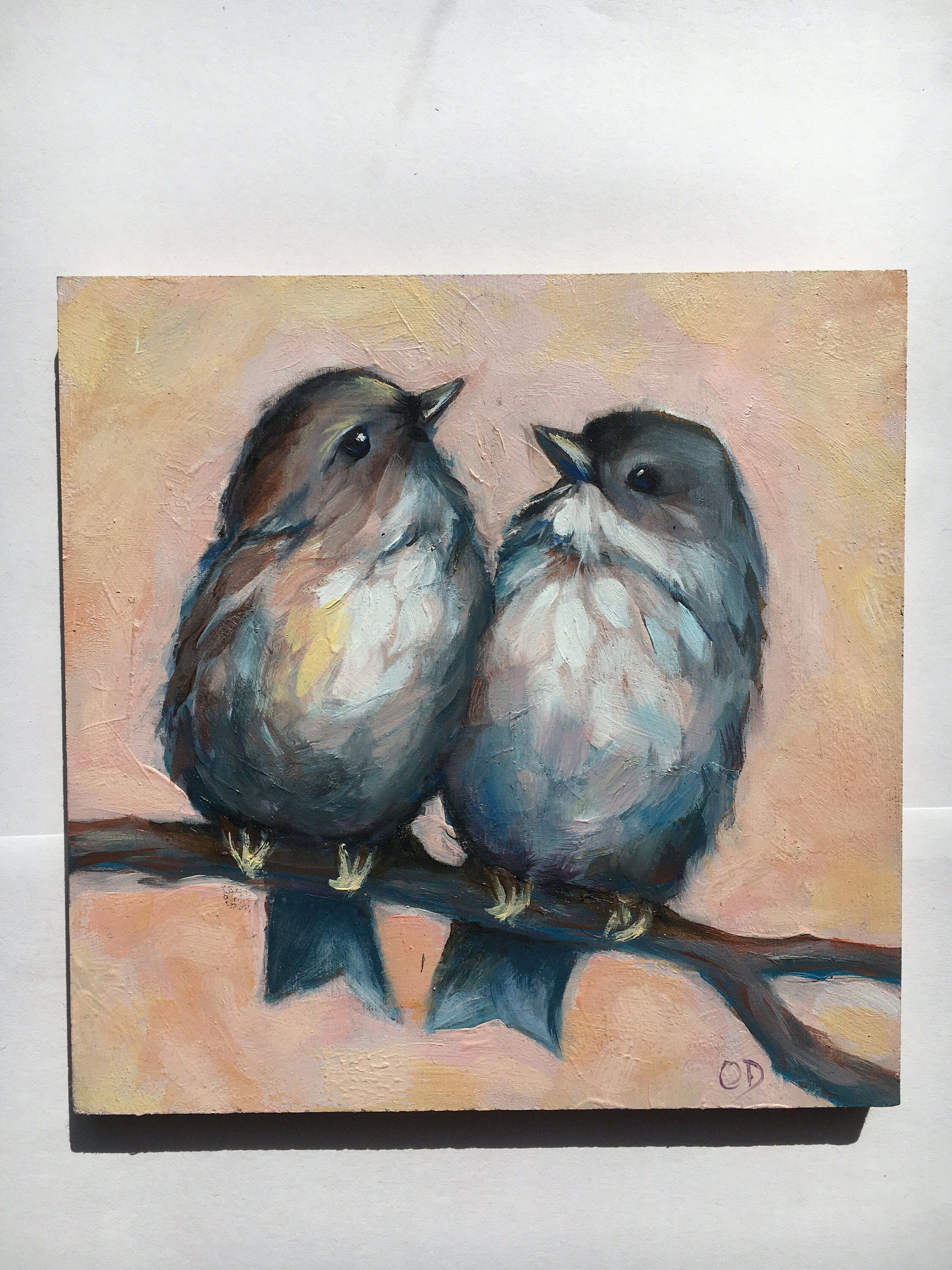 Peinture à L'huile Originale de Deux Oiseaux 6x6/ Murale d'oiseau Fantaisiste
