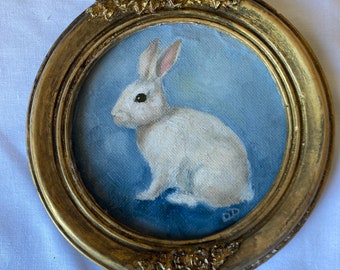 Vintage framed bunny portrait Original Bunny art Oil painting Handpainted rabbit painting