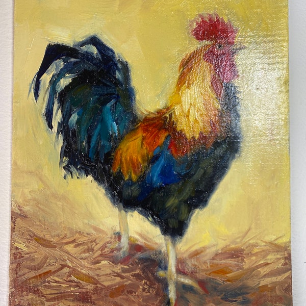 Peinture de coq/Peinture à l'huile originale/Coq français/Décoration de ferme/Cadeau pour les amoureux des animaux/Art de la ferme irlandaise par Orla Devy