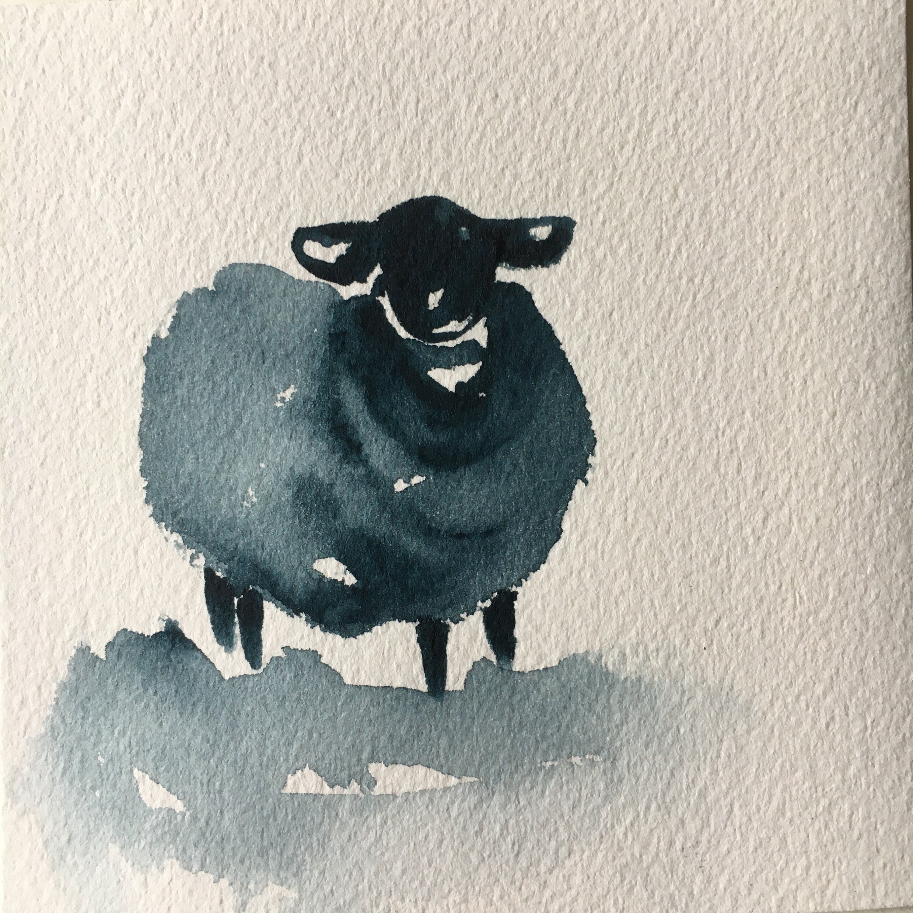 Peinture à L'aquarelle Originale d'un Mouton, Aquarelle Lâche, Art Mural Animal; Indigo Monocolore