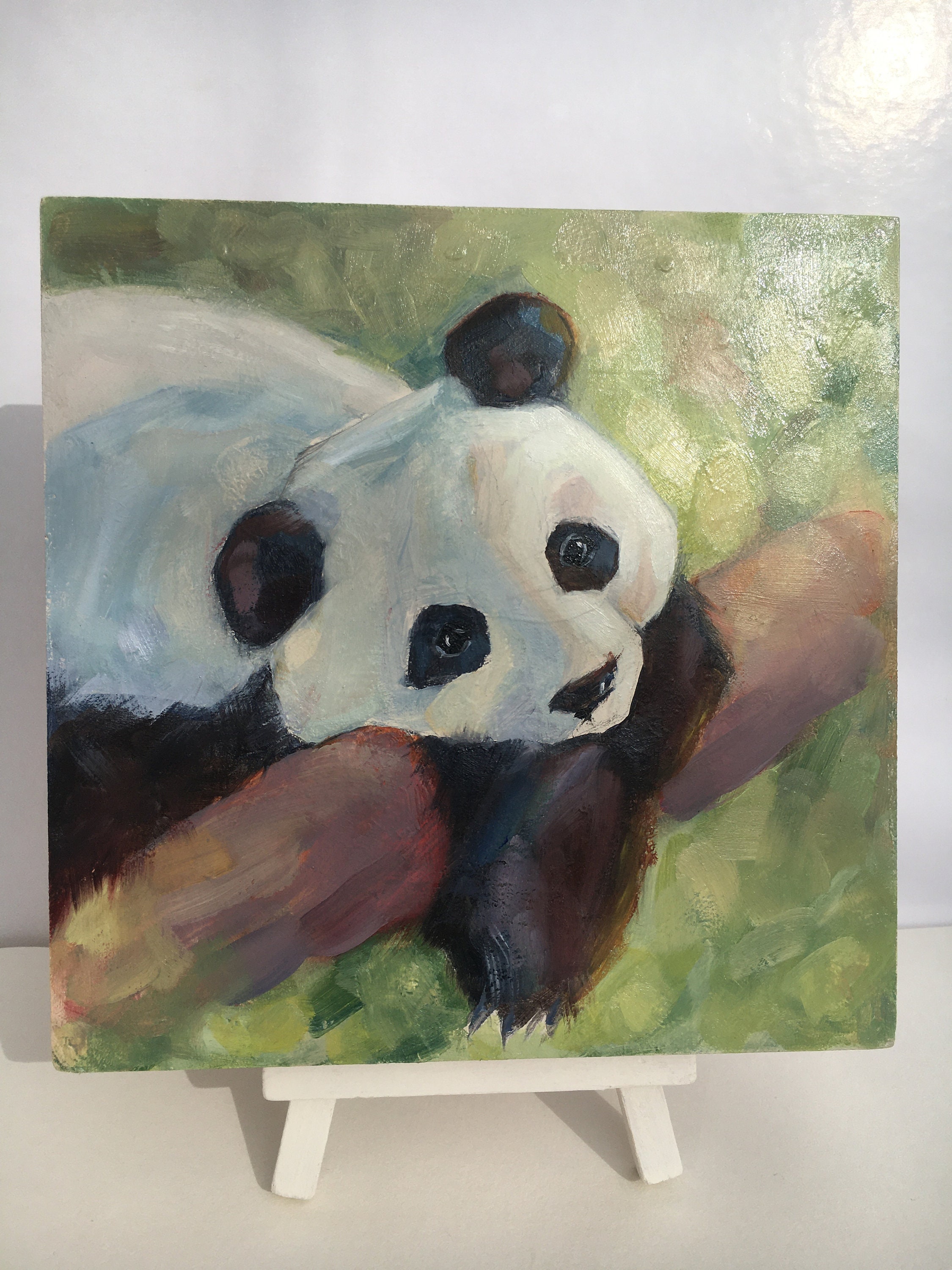 Peinture à L'huile de Panda sur Bois, Art Mural Animal Original Peint La Main, Peinture Animale 6 X6