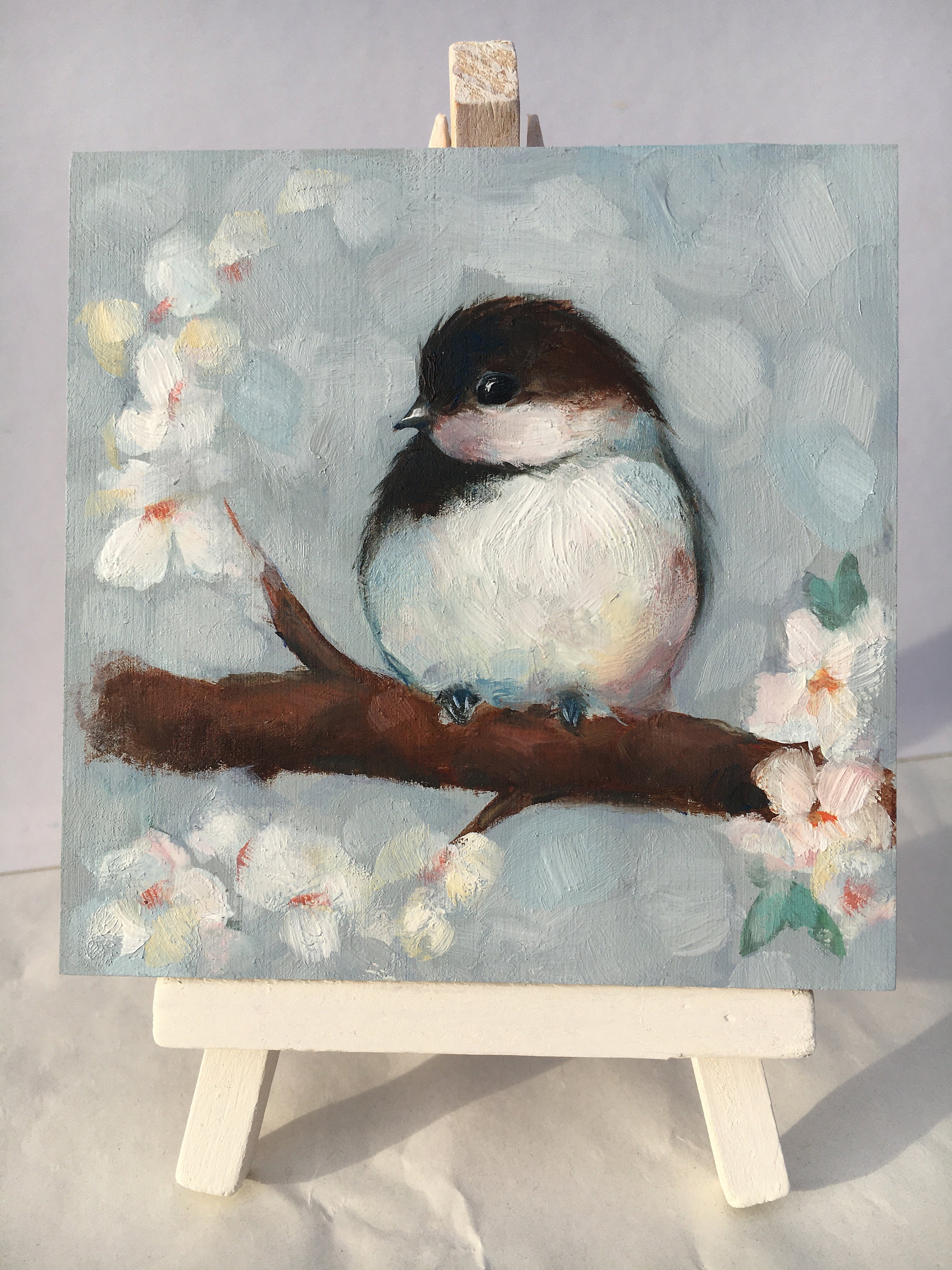 Peinture à L'huile Originale d'oiseau, Art Mural de Mésange, Oiseau Peint La Main, Peinture d'oiseau