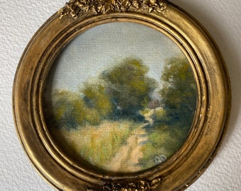 Petite peinture de paysage, peinture à l'huile originale encadrée d'un paysage, paysage de style vintage