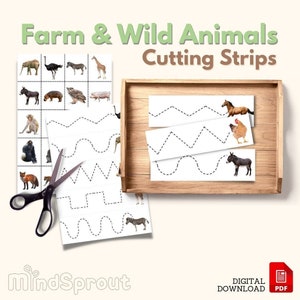 FARM & WILD ANIMALS Cutting Strips Sorting Mini Cards Scissors Cutting Activity Fine Motor Skills Work Hand-Eye Control Practice Printable