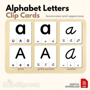 Alfabeto Riconoscimento delle lettere minuscole Maiuscole Stampa corsiva Clip Card Matching Activity Hand Eye Work Attività prescolare, PDF stampabile