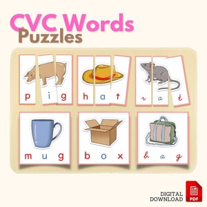 CVC Wörter Montessori Puzzle-Spiel Rosa Sprache Serie PBG Montessori Lernmaterial Grundschule Vorschule Stufe Aktivität, PDF zum Ausdrucken