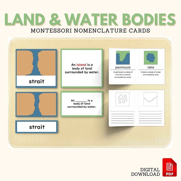 Landforms Bodies of Water Montessori Nomenclature 5-Part Card Booklet Montessori Geography Vocabulary Building Activity, PDF Printable
