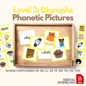 Langue Montessori Lecture phonétique Digraphes Niveau 3 JAUNE Cartes illustrées pour boîte à objets Phonics Writing Activité préliminaire PDF imprimable