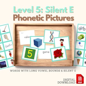 Montessori Language Phonics Writing Activity Słowa z cichym E - Czytanie fonetyczne Poziom 5 Karty obrazkowe CYAN do pudełka z obiektami PDF do wydrukowania