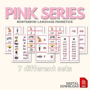 Pink-Sprachserie PBG Montessori-Lesesystem CVC Wörter Bildkarten Kurze Vokal-Klänge PRINT Pink-Serie, druckbares Bundle