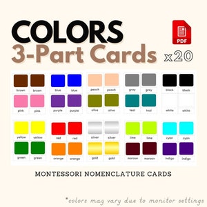 COULEURS Montessori Nomenclature Cartes en 3 parties Activité de construction de vocabulaire pour le travail d'apprentissage de la langue préscolaire pour les tout-petits imprimable