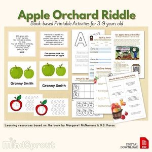 May include: Educational printable activities for children aged 3-9, based on the book "Apple Orchard Riddle." The image shows worksheets with apple-themed puzzles, writing prompts, and a guide on making apple cider. Includes Granny Smith apples.