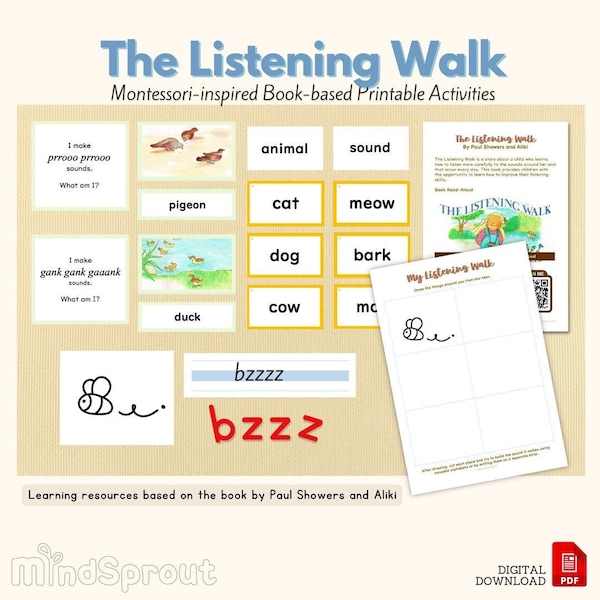 LISTENING WALK Book-based Activities Bundle Montessori Lesson Animal Vocabulary Nature Walk Journal Writing Prompt Riddle Game Guess Game